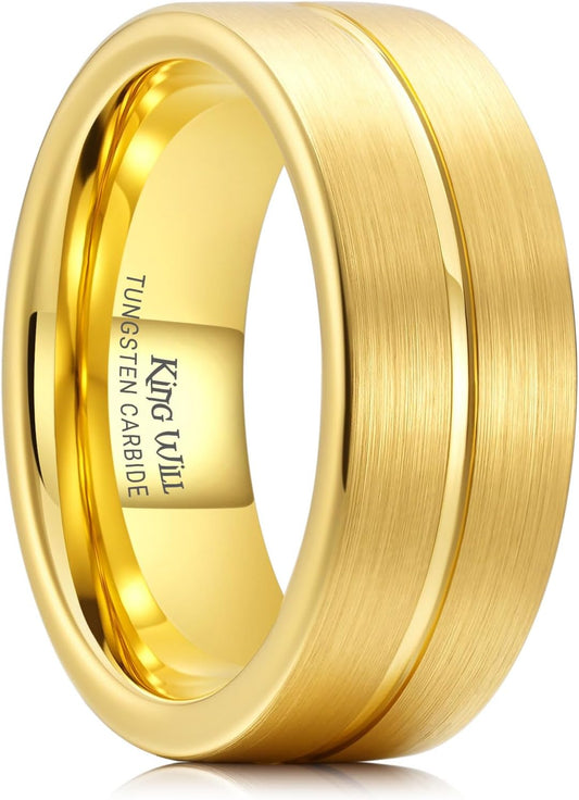 King Will Tungsten Carbide Wedding Band for Men Women-4/6/8mm Width 14K Gold Plated Tungsten Wedding Ring Matte Brushed & High Polished Style Comfort Fit Wedding Band Size 6-14