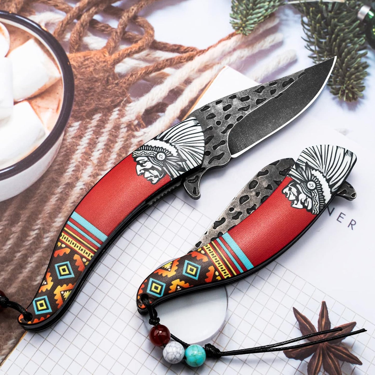 VALHALLA INDIANS Pocket Folding Knife, Vintage Art Native American Outdoor Survival Knife With 3D Retro Embossed Pattern, Cool EDC Gift For Men