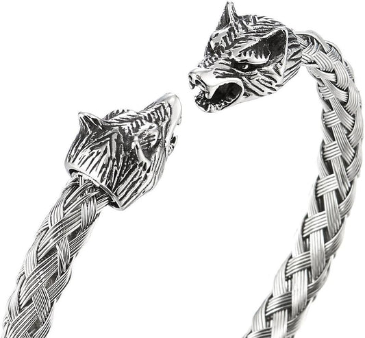 COOLSTEELANDBEYOND Mens Wolf Head Bracelet Steel Braided Cable Bangle Cuff Bracelet Polished, Adjustable