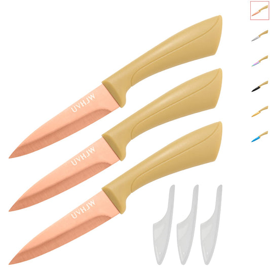 Cute Knife, Like Cut Through hot Butter! Rose Gold Paring Knife with Sheath Set of 3 Pieces, Kitchen knives, Fruit Peeling and Vegetable Cutting Knife, Sharp Kitchen Knifes, 3.5 inch