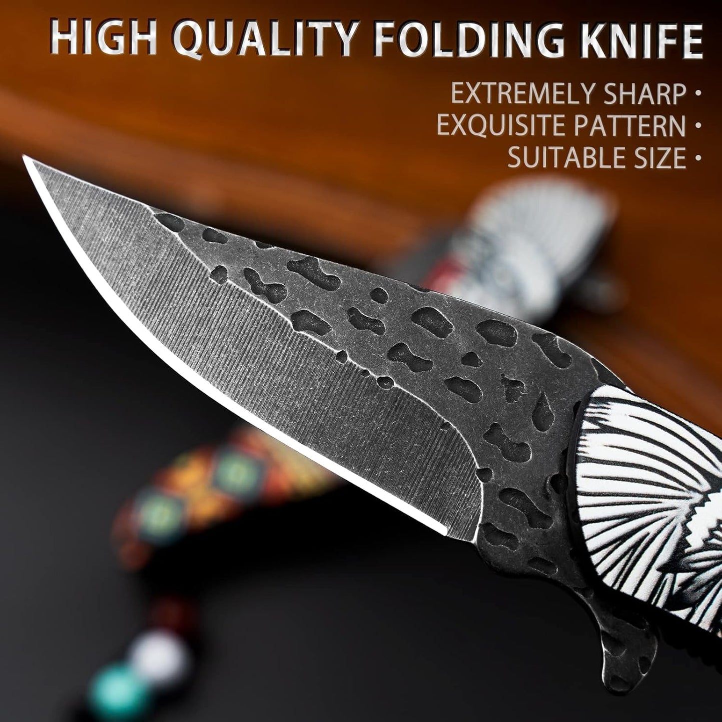 VALHALLA INDIANS Pocket Folding Knife, Vintage Art Native American Outdoor Survival Knife With 3D Retro Embossed Pattern, Cool EDC Gift For Men