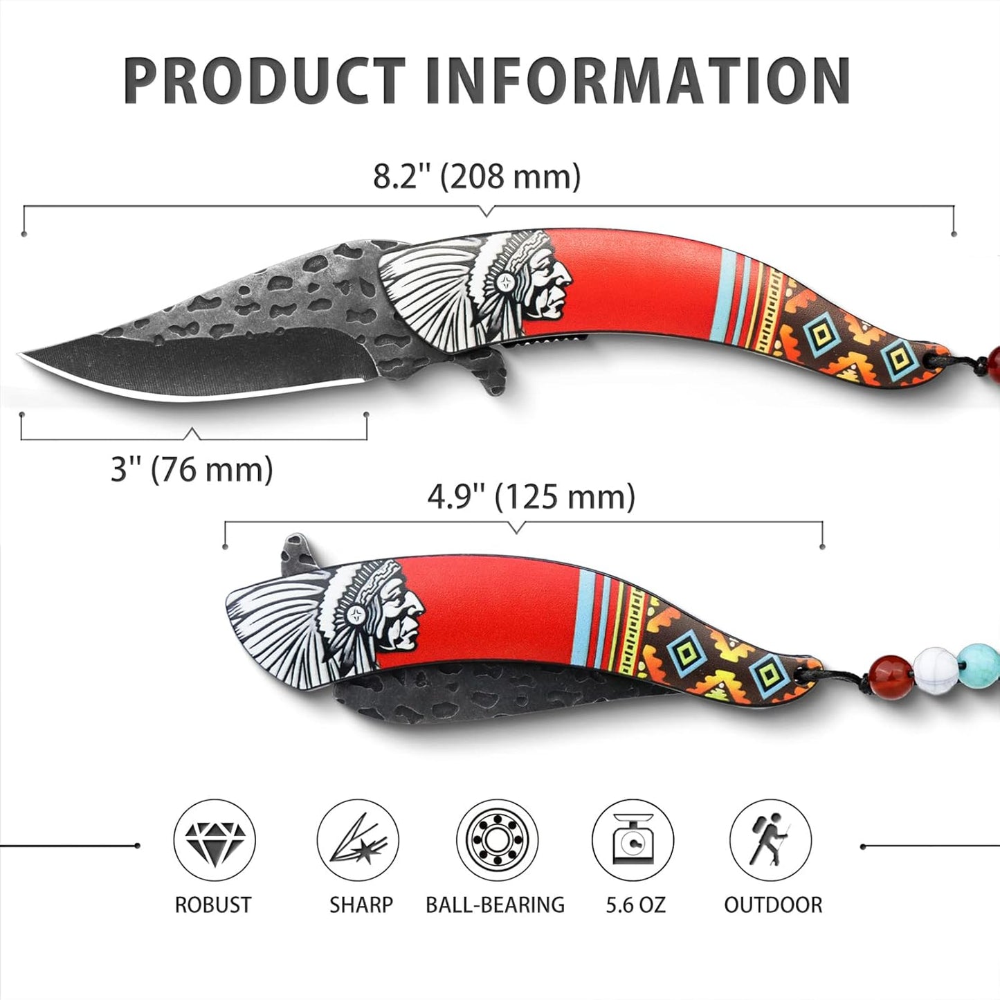 VALHALLA INDIANS Pocket Folding Knife, Vintage Art Native American Outdoor Survival Knife With 3D Retro Embossed Pattern, Cool EDC Gift For Men