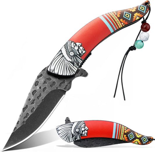 VALHALLA INDIANS Pocket Folding Knife, Vintage Art Native American Outdoor Survival Knife With 3D Retro Embossed Pattern, Cool EDC Gift For Men
