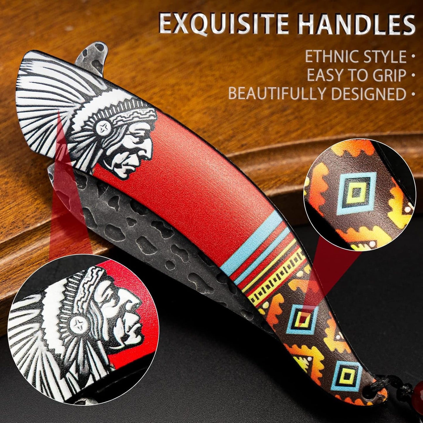 VALHALLA INDIANS Pocket Folding Knife, Vintage Art Native American Outdoor Survival Knife With 3D Retro Embossed Pattern, Cool EDC Gift For Men