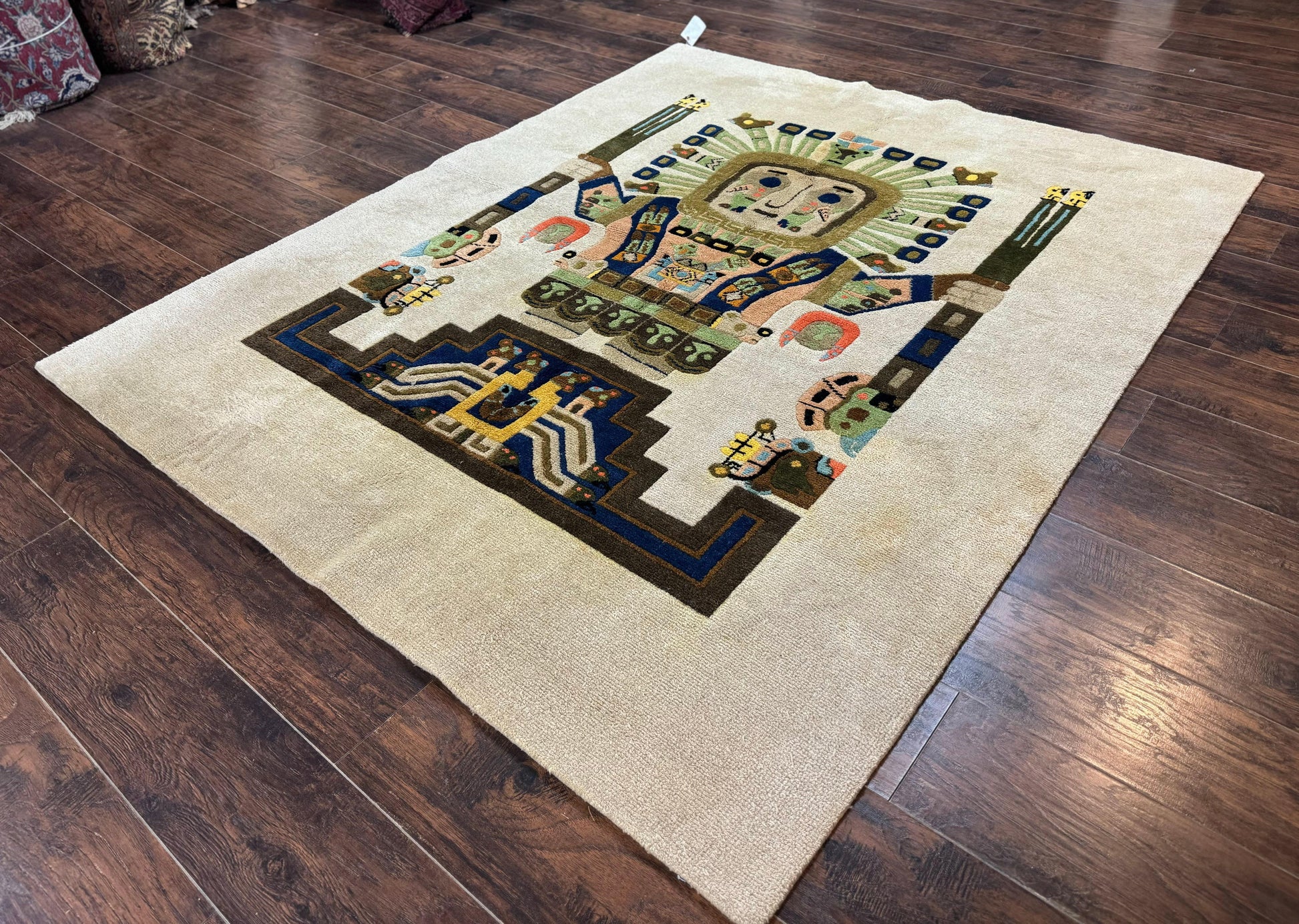 South American Rug 6x7, Unique Native American Design, Ivory, Ecuador Rug, Handmade Wool-1