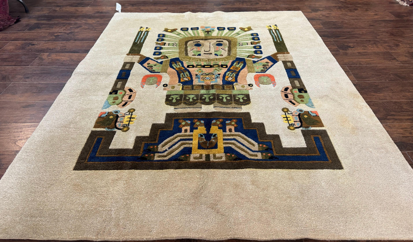 South American Rug 6x7, Unique Native American Design, Ivory, Ecuador Rug, Handmade Wool-0