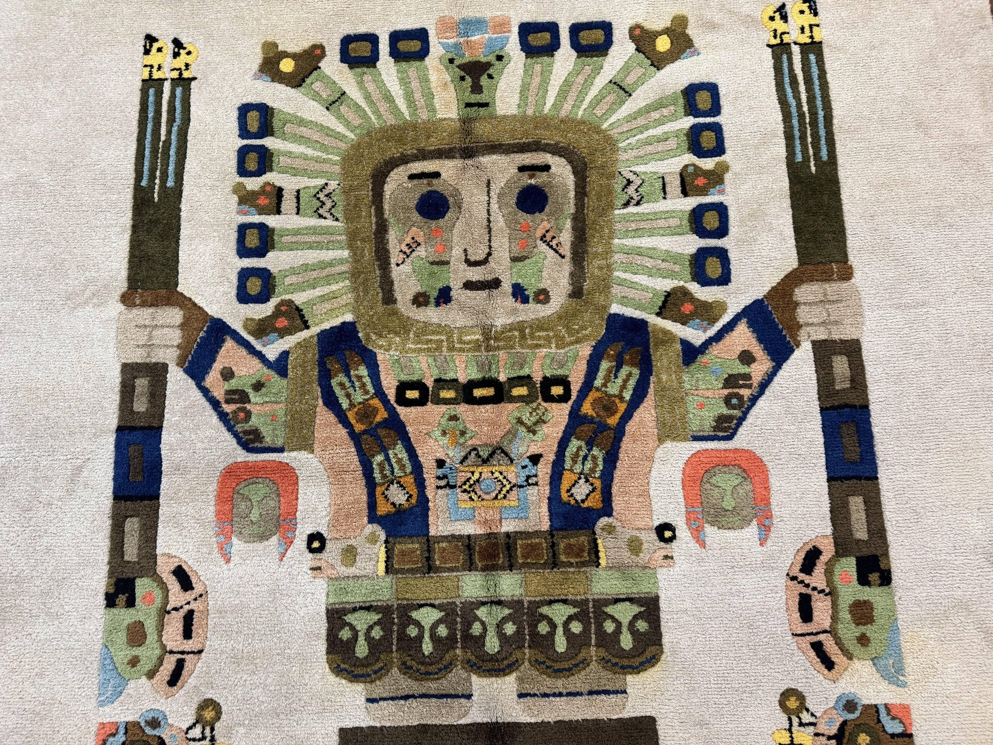 South American Rug 6x7, Unique Native American Design, Ivory, Ecuador Rug, Handmade Wool-3