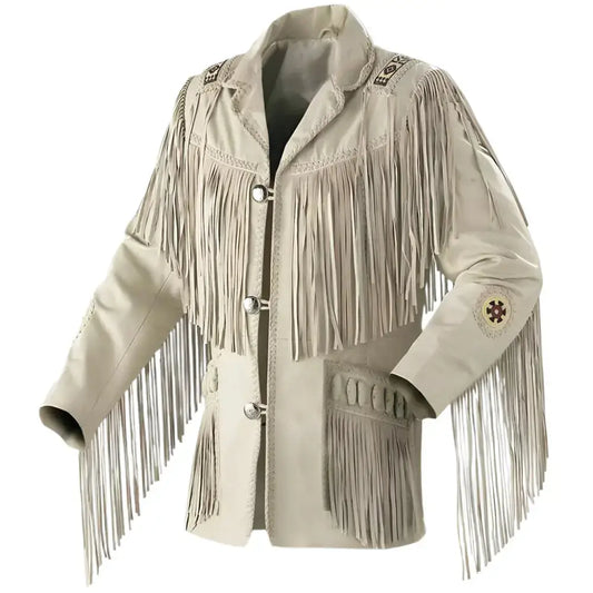 Men's Native American Beige Suede Western Fringe Jacket-0